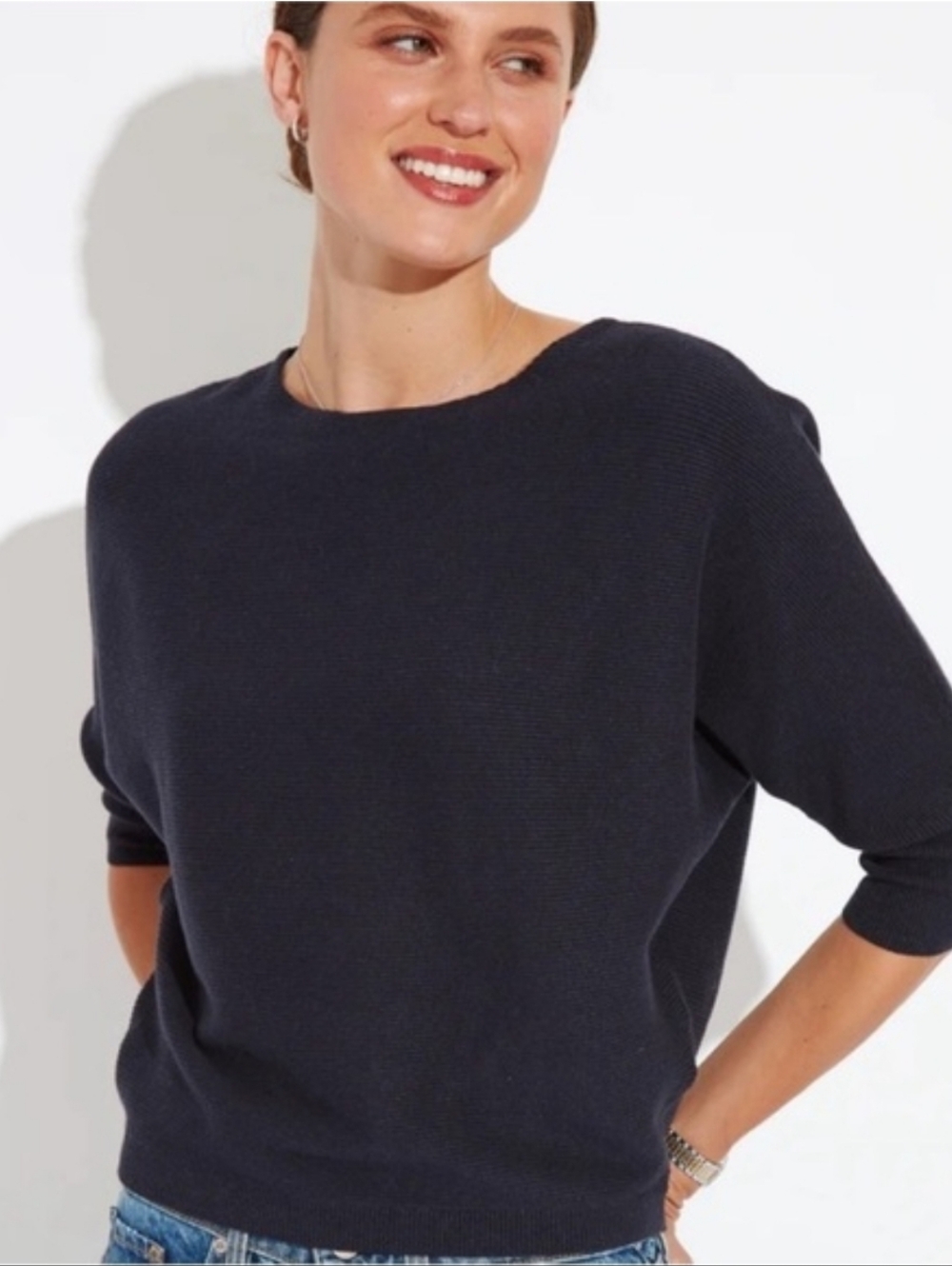 R LABEL blue ribbed dolman sleeve linen blend boat‎ neck sweater L/XL